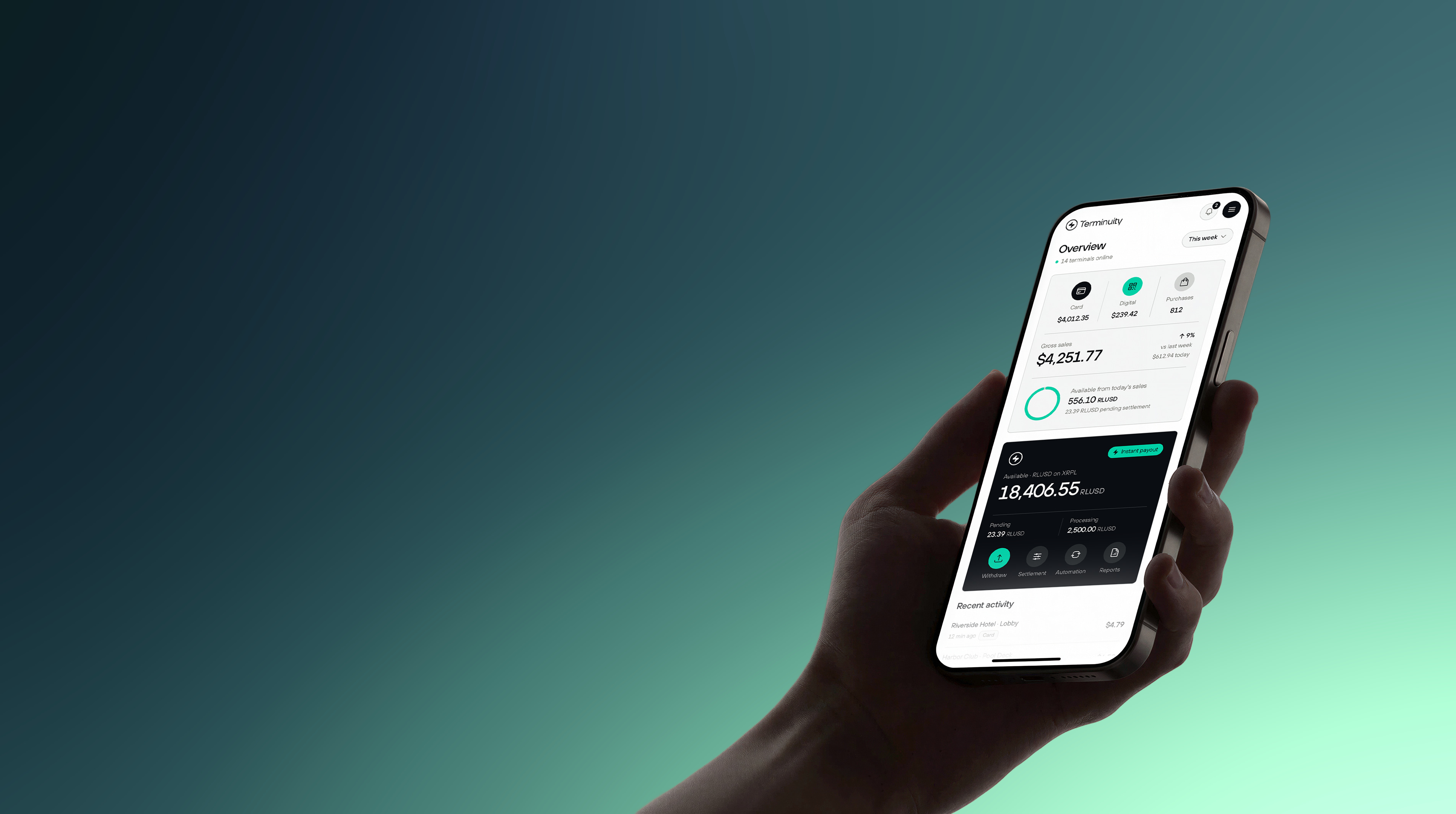 Terminuity dashboard on a phone, showing digital and card revenue with an available balance.