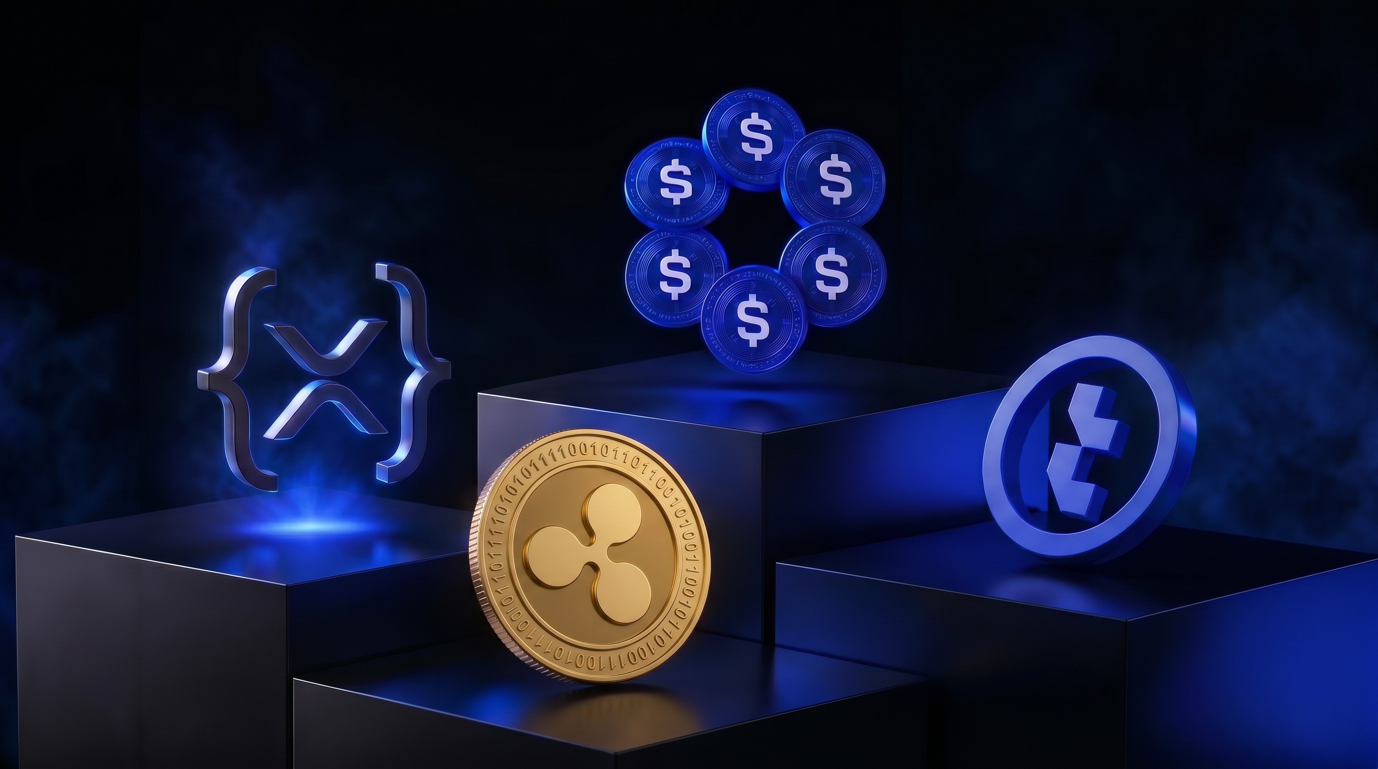 Elements of the XRP Ledger ecosystem on dark pedestals: the XRP symbol, a coin, a cluster of stablecoin tokens, and the Terminuity mark.
