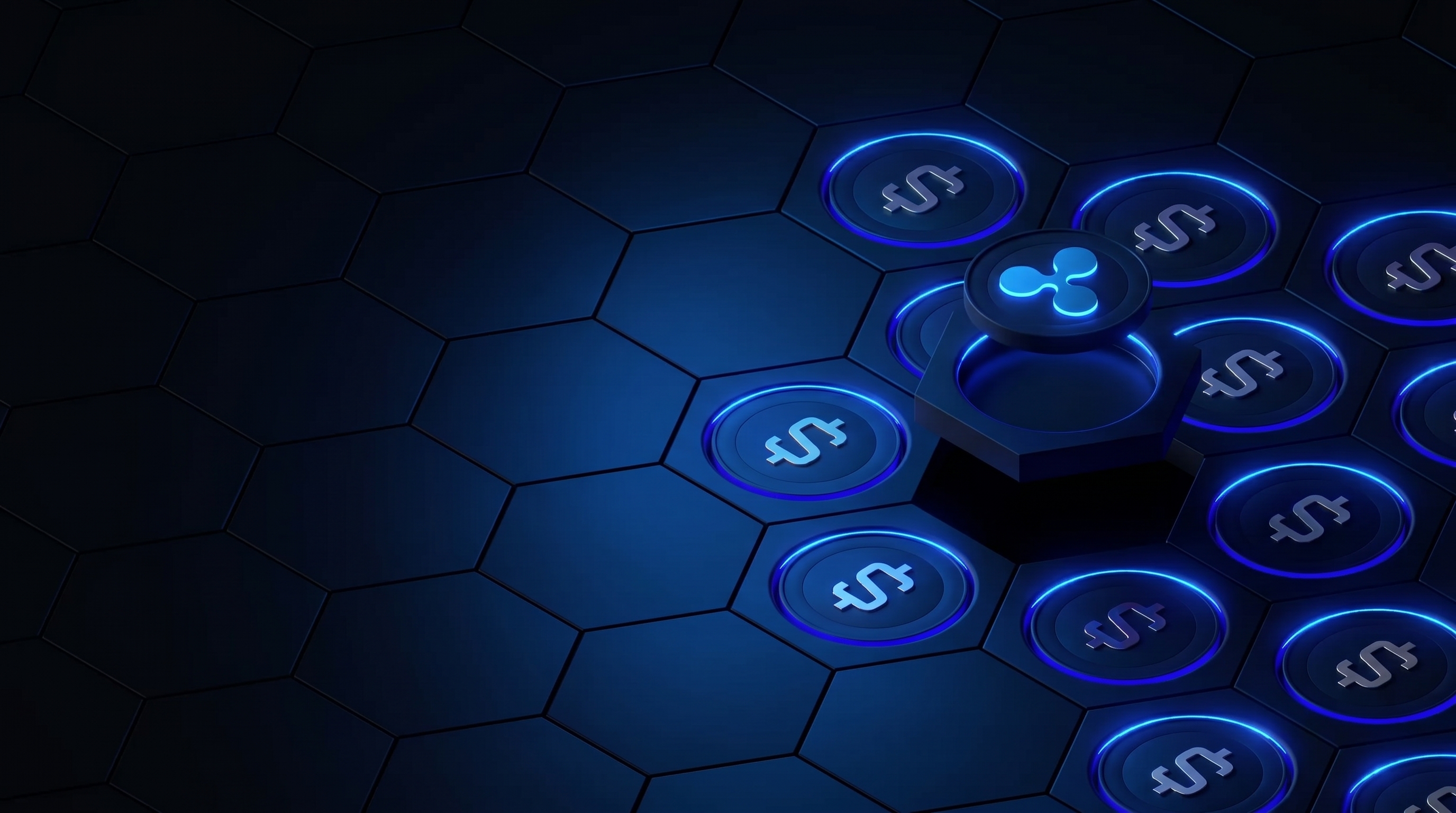 A grid of glowing blue stablecoin tokens with the XRP token raised at the center, representing direct settlement on the XRP Ledger.
